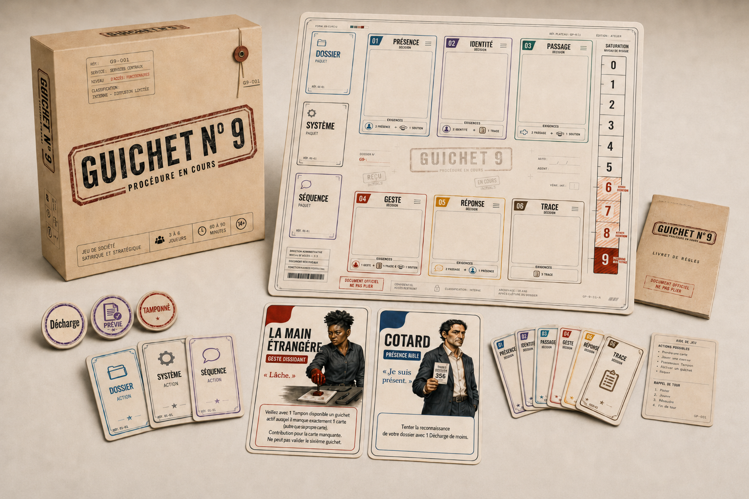 Le jeu Guichet N°9 déployé : boîte, plateau, cartes, jetons et livret de règles.